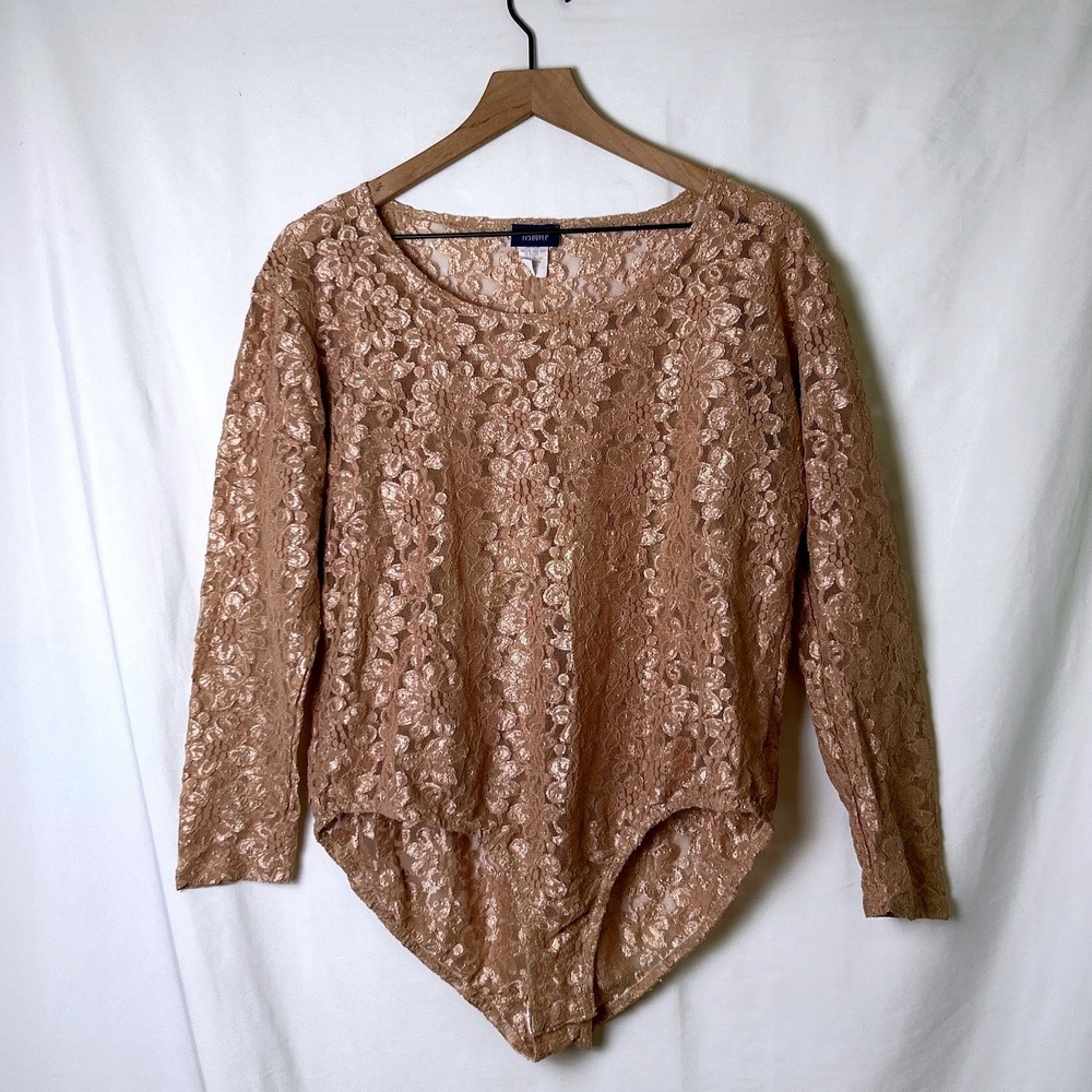 VTG Resource Womens Sheer Floral Lace Long Sleeve Bodysuit Plus Size 18/20 Beige